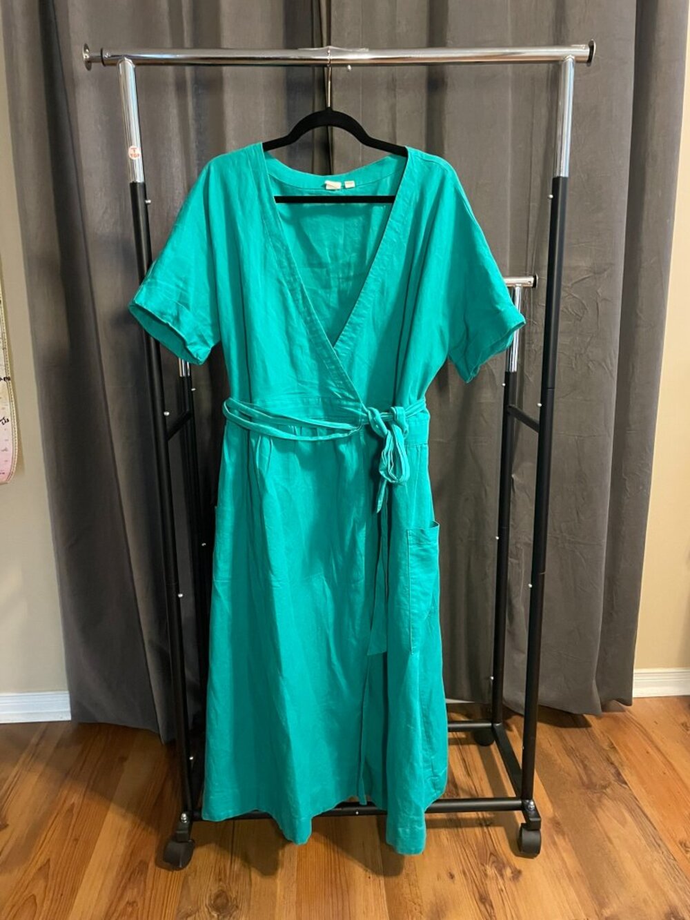 Linen Wrap Dress, Teal/Aqua, US 14